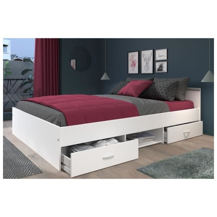 Lit adulte ZODIAC 160x200 - Décor blanc - 2 tiroirs - L165.8 x H58.9