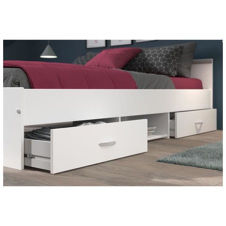 Lit adulte ZODIAC 160x200 - Décor blanc - 2 tiroirs - L165.8 x H58.9