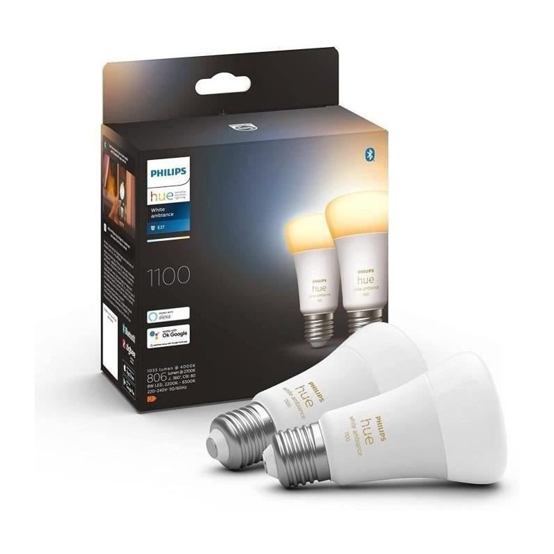 Philips Hue White Ambiance, ampoule LED connectée E27 équivalent 75W, 1100 lumen, compatible Bluetooth, pack de 2