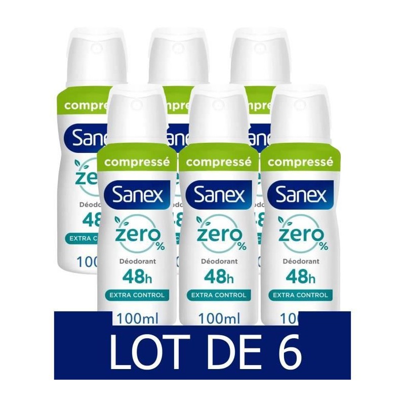 Lot de x 6 SANEX Déodorant sans sels d'aluminium Zéro 0% 48h spray compressé - 100 ml