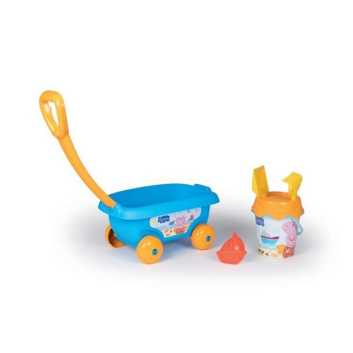 SMOBY - PEPPA PIG Chariot de plage garni : seau + tamis + pelle + rât