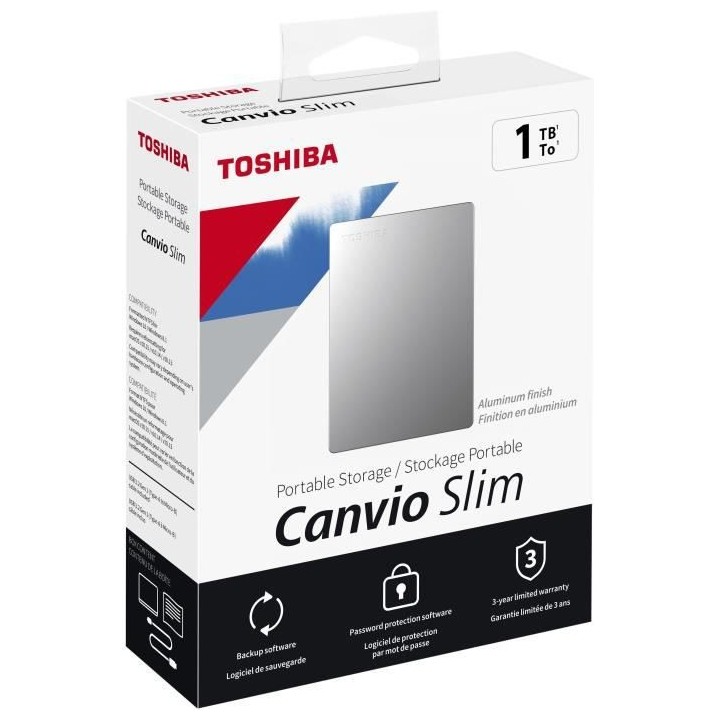 Disque dur externe - TOSHIBA - Canvio Slim - 1 To - Argent