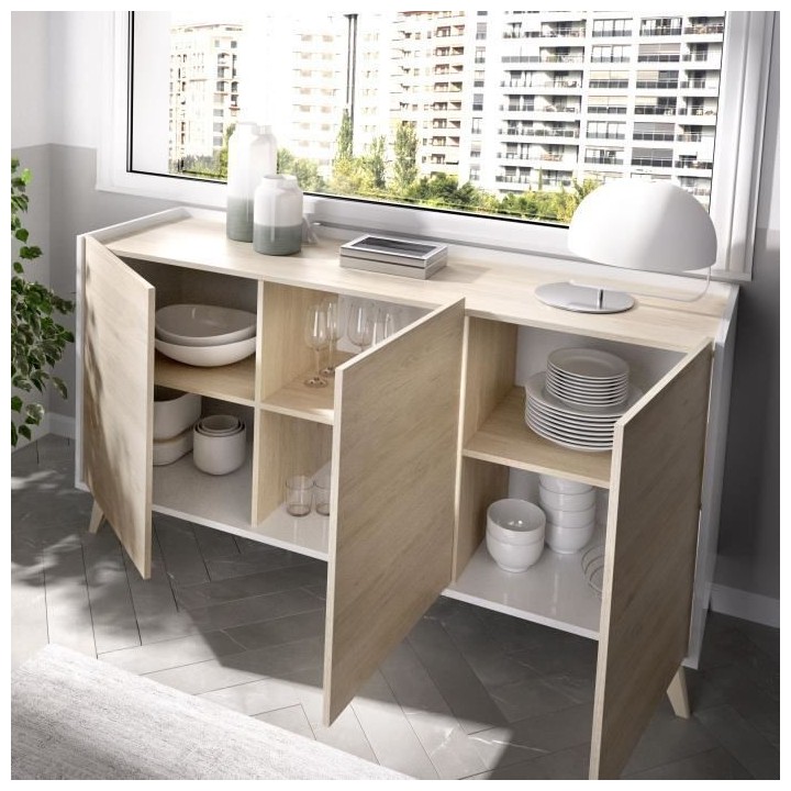 Buffet bas NESS - Mélamine Décor bois clair et blanc - 3 Portes - L