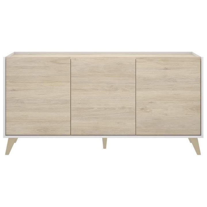 Buffet bas NESS - Mélamine Décor bois clair et blanc - 3 Portes - L