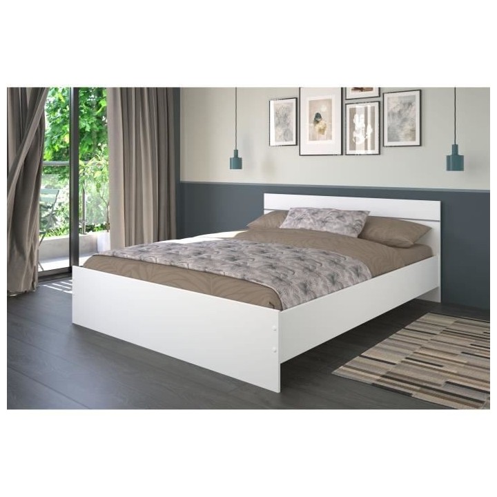 Lit adulte BOSTON 160x200 - Décor blanc - Fabriqué en France