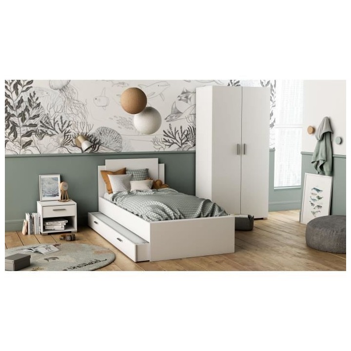 Lit gigogne LIFE 1 personne - 90 x 190/200 cm - Décor blanc - DEMEYER