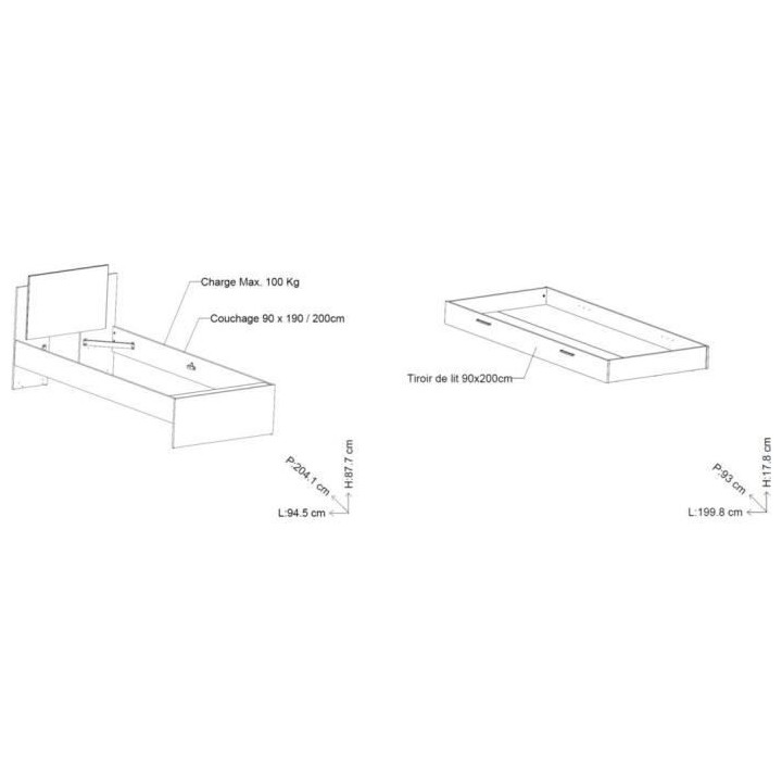 Lit gigogne LIFE 1 personne - 90 x 190/200 cm - Décor blanc - DEMEYER