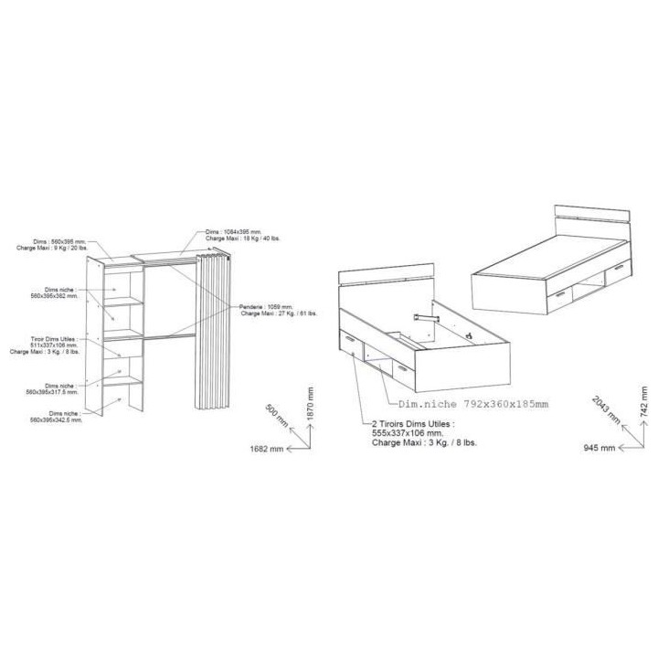 Chambre complete enfant LILA : Lit + Dressing - Décor blanc - DEMEYER