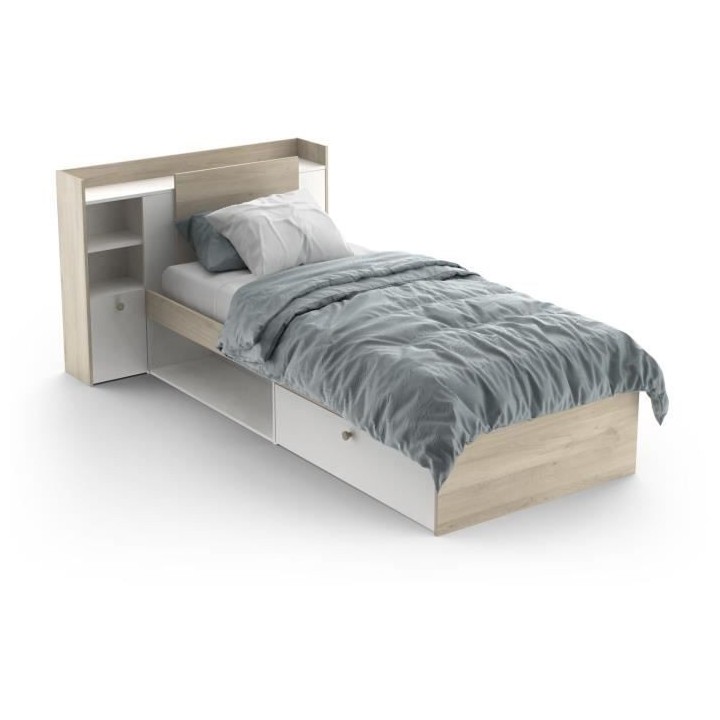Lit enfant LIFE 1 personne - 90X190/200 - Rangements - Décor Chene et