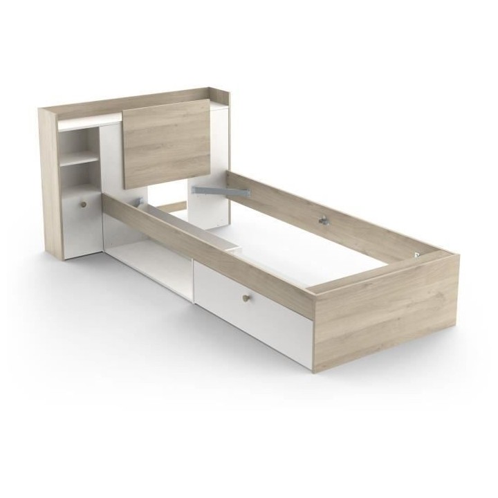 Lit enfant LIFE 1 personne - 90X190/200 - Rangements - Décor Chene et