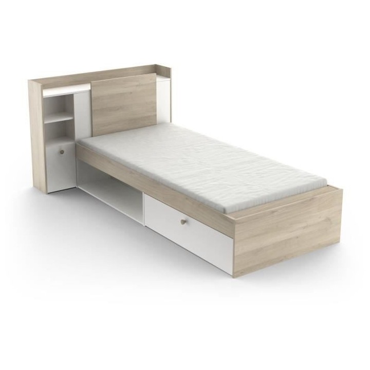 Lit enfant LIFE 1 personne - 90X190/200 - Rangements - Décor Chene et