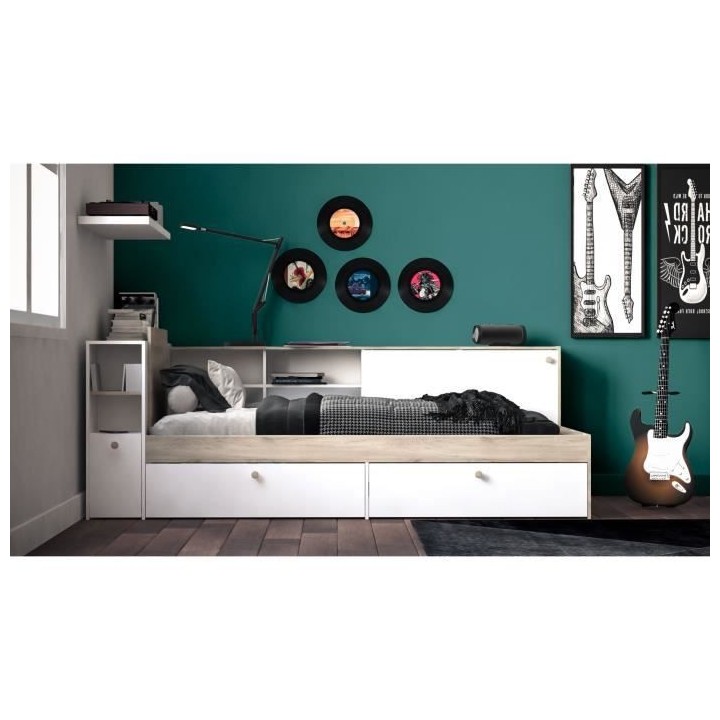 Lit enfant LIFE 1 personne - 90X190/200 - Rangements - Décor Chene et