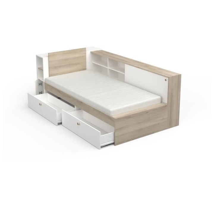 Lit enfant LIFE 1 personne - 90X190/200 - Rangements - Décor Chene et