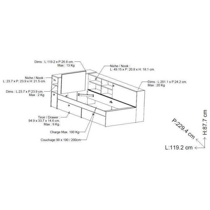 Lit enfant LIFE 1 personne - 90X190/200 - Rangements - Décor Chene et