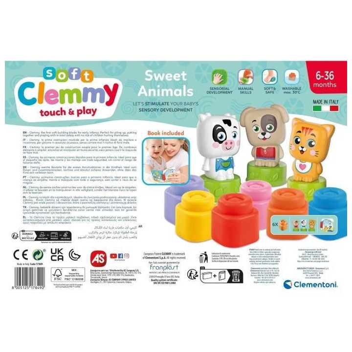 Clementoni - Cubes & Animaux Soft Clemmy - 6 cubes + 3 personnages + L