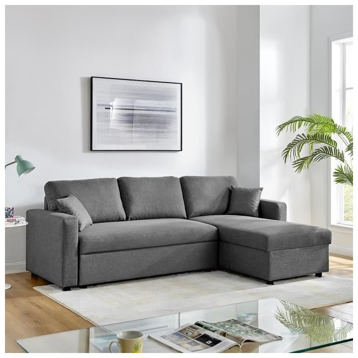 Canapé d'angle fixe + 2 coussins - Tissu Gris - L 228 x P 148 x H 86