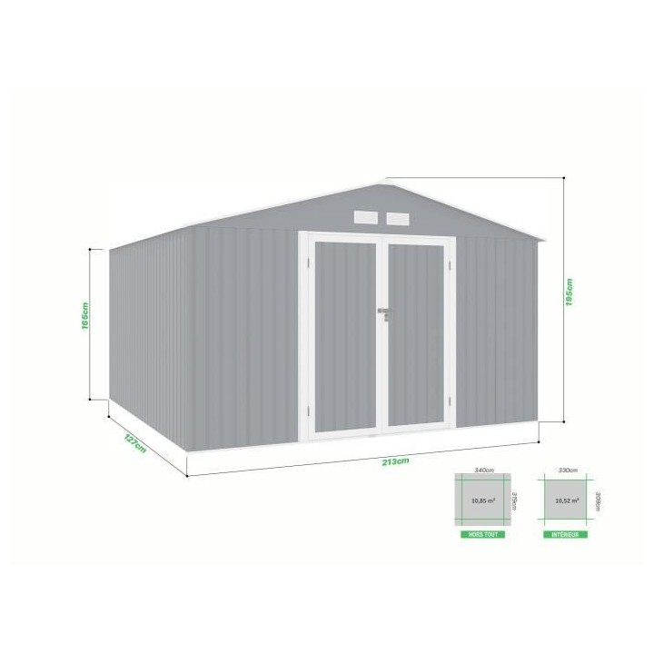 Abri de jardin en métal 10,85 m2 - Kit d'ancrage inclus - Gris anthra