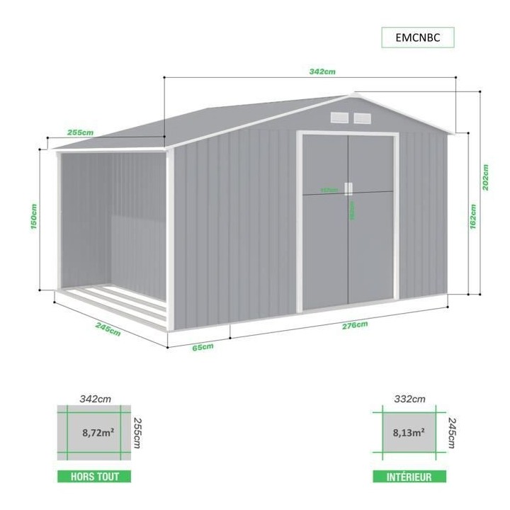 Abri de jardin en métal 8,72 m² - Kit d'ancrage inclus - Gris anthra