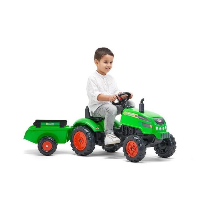 FALK - Tracteur a pédales X Tractor vert avec capot ouvrant et remorq