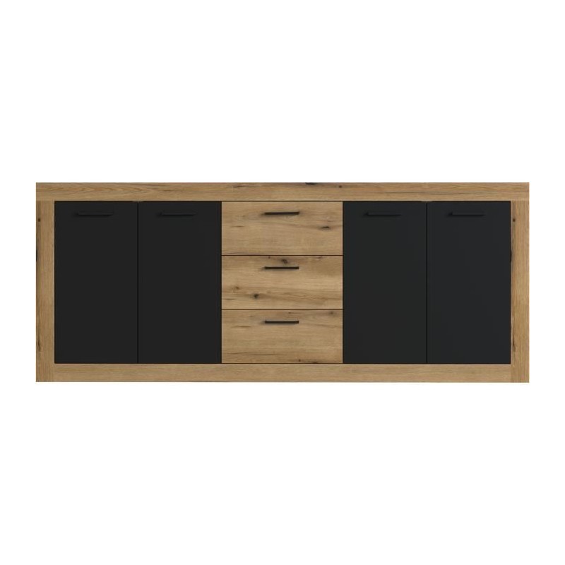 Buffet INDUS Mélaminé chene et noir - 4 portes + 3 tiroirs - Style industriel - L 206 x P 45 x H 83,5 cm STONE