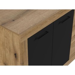 Buffet INDUS Mélaminé chene et noir - 4 portes + 3 tiroirs - Style industriel - L 206 x P 45 x H 83,5 cm STONE