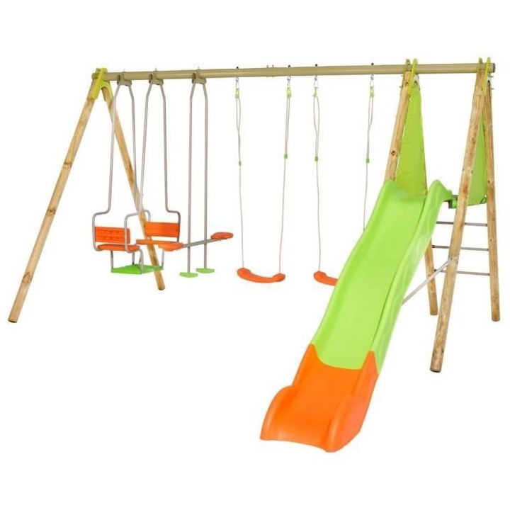 Portique bois et métal - 2,30m - 2 balançoires, 1 face a face, 1 nac