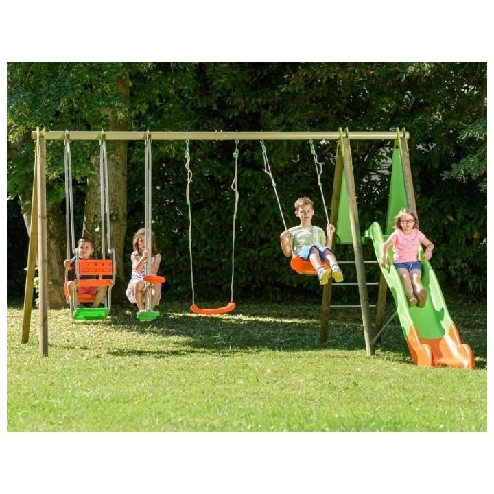 Portique bois et métal - 2,30m - 2 balançoires, 1 face a face, 1 nac