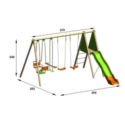 Portique bois et métal - 2,30m - 2 balançoires, 1 face a face, 1 nacelle et 1 toboggan 2,63m - KAHUNA TRIGANO