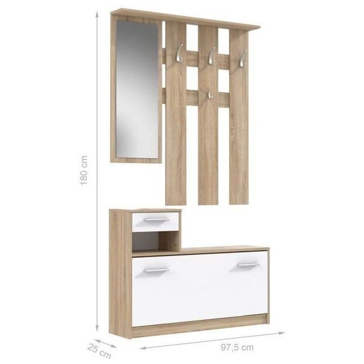 PEILI Vestiaire d'entrée avec miroir scandinave décor chene et blanc