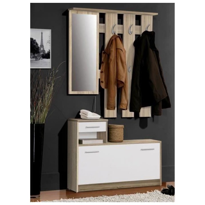 PEILI Vestiaire d'entrée avec miroir scandinave décor chene et blanc