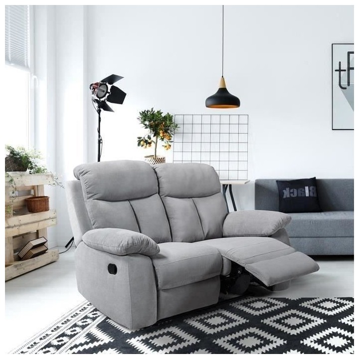 Canapé 2 places dont 2 places relax manuel - Tissu Gris - L 154 x P 9