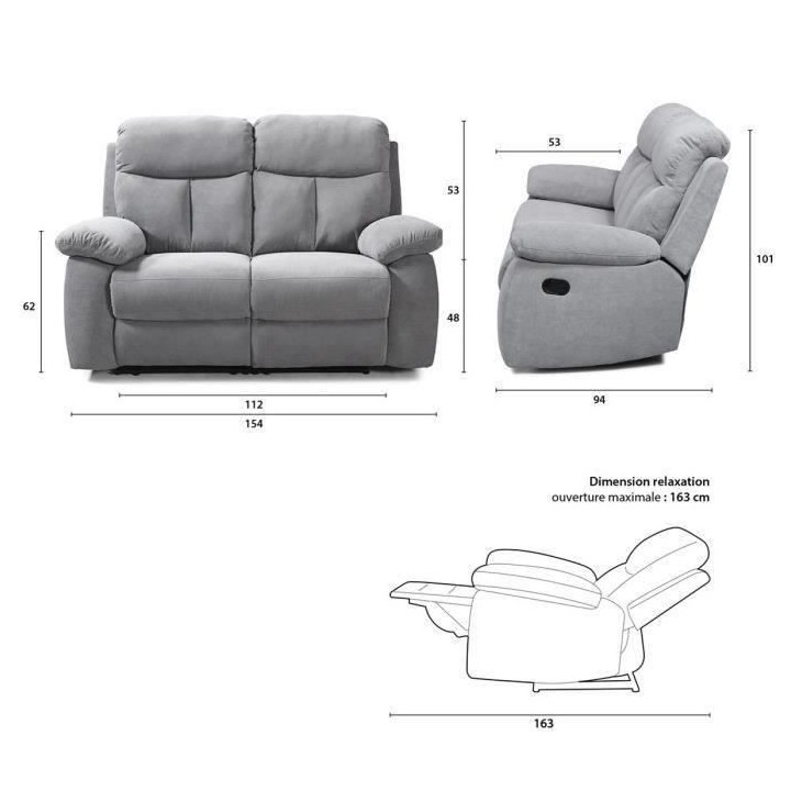 Canapé 2 places dont 2 places relax manuel - Tissu Gris - L 154 x P 9