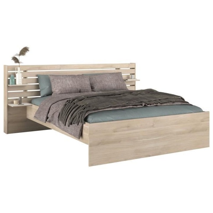 Lit adulte ESCALE 160x200 cm - Décor chene du Japon - 2 tiroirs + Tet