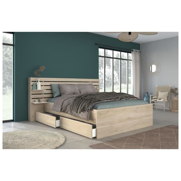Lit adulte ESCALE 160x200 cm - Décor chene du Japon - 2 tiroirs + Tet