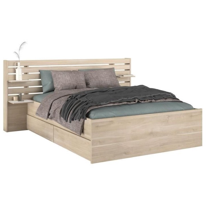 Lit adulte ESCALE 160x200 cm - Décor chene du Japon - 2 tiroirs + Tet