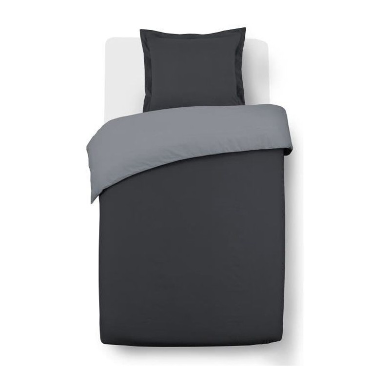 VISION Parure de couette bicolore 100% coton - 1 housse de couette 140x200cm et 1 taie d'oreiller 65x65cm - Gris / Anthracite