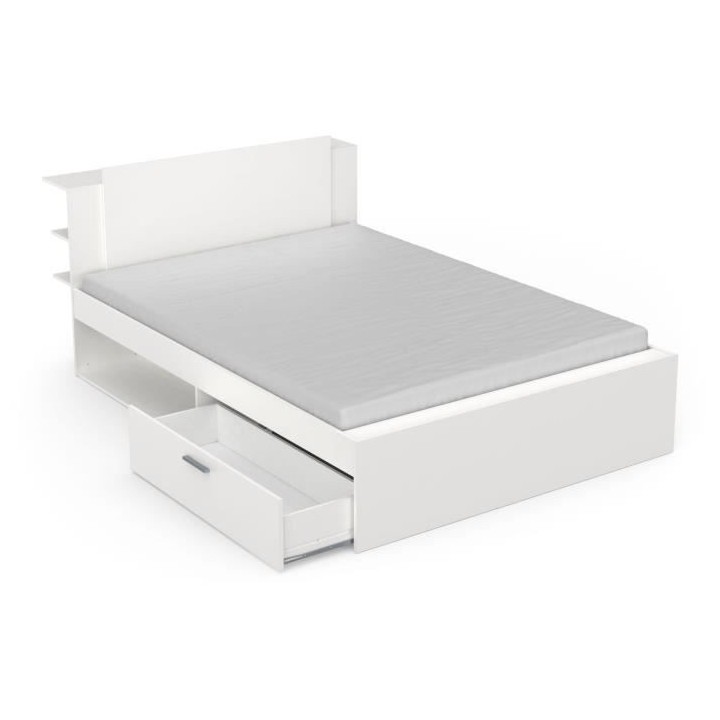 Lit adulte LIFE 2 personnes - 140X190/200 - Rangements - Décor blanc