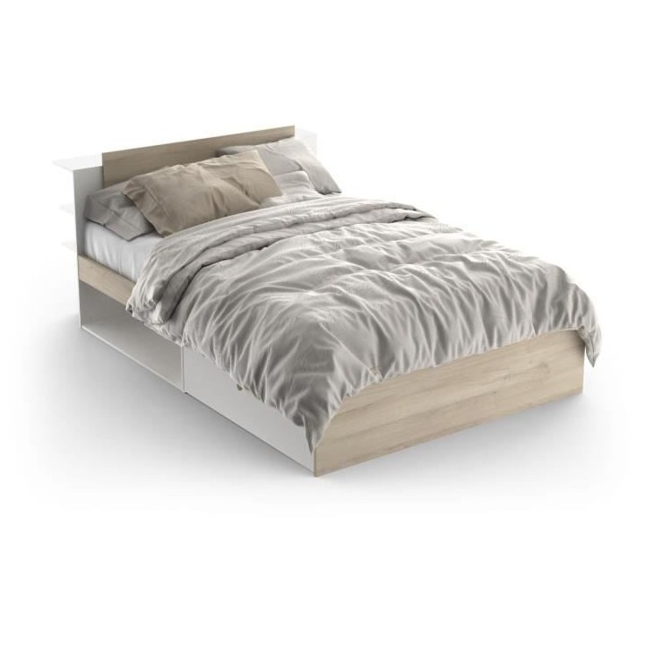 Lit adulte LIFE 2 personnes - 140X190/200 - Rangements - Décor Chene