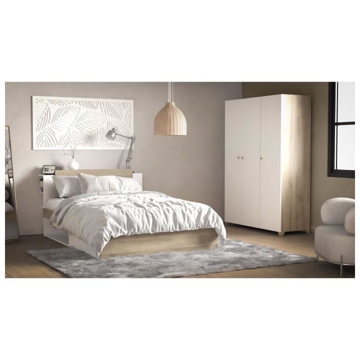 Lit adulte LIFE 2 personnes - 140X190/200 - Rangements - Décor Chene