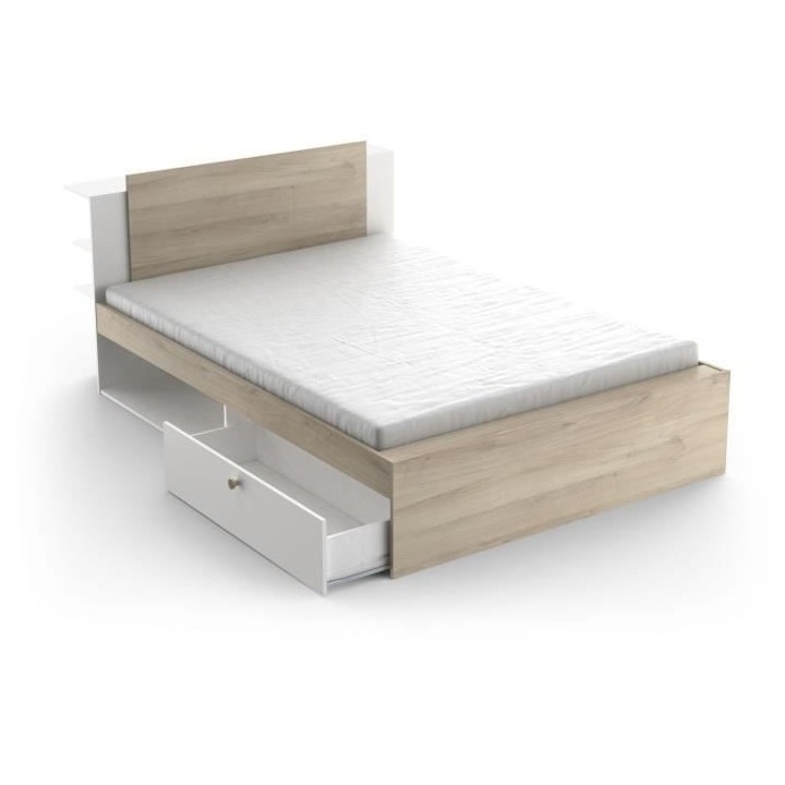 Lit adulte LIFE 2 personnes - 140X190/200 - Rangements - Décor Chene