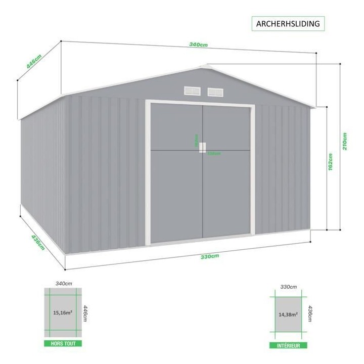 Abri de jardin en métal 15,16 m² - Kit d'ancrage inclus - Gris anthr