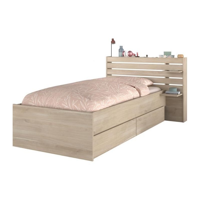 Lit enfant ESCALE 90x190/200 cm - Décor chene - Tete de lit + 2 tiroirs - L121,5 x H88,6 x P216,8 cm