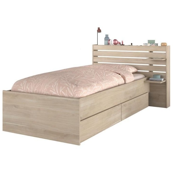 Lit enfant ESCALE 90x190/200 cm - Décor chene - Tete de lit + 2 tiroi