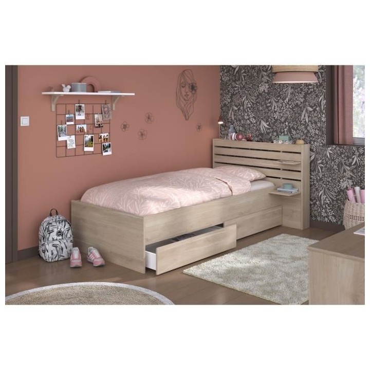 Lit enfant ESCALE 90x190/200 cm - Décor chene - Tete de lit + 2 tiroi
