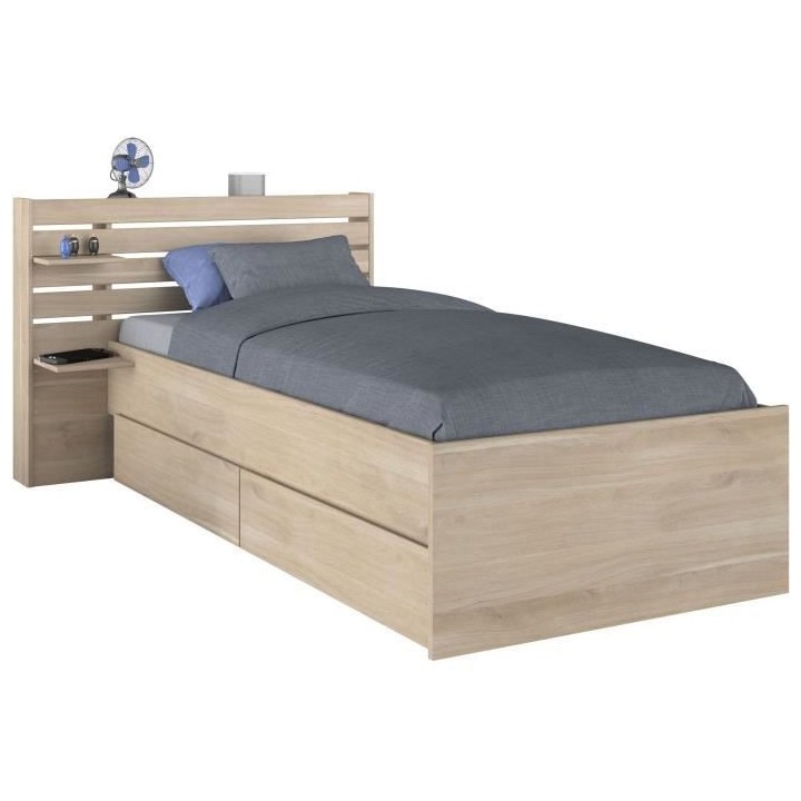 Lit enfant ESCALE 90x190/200 cm - Décor chene - Tete de lit + 2 tiroi