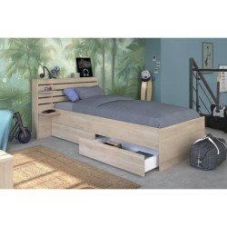 Lit enfant ESCALE 90x190/200 cm - Décor chene - Tete de lit + 2 tiroirs - L121,5 x H88,6 x P216,8 cm