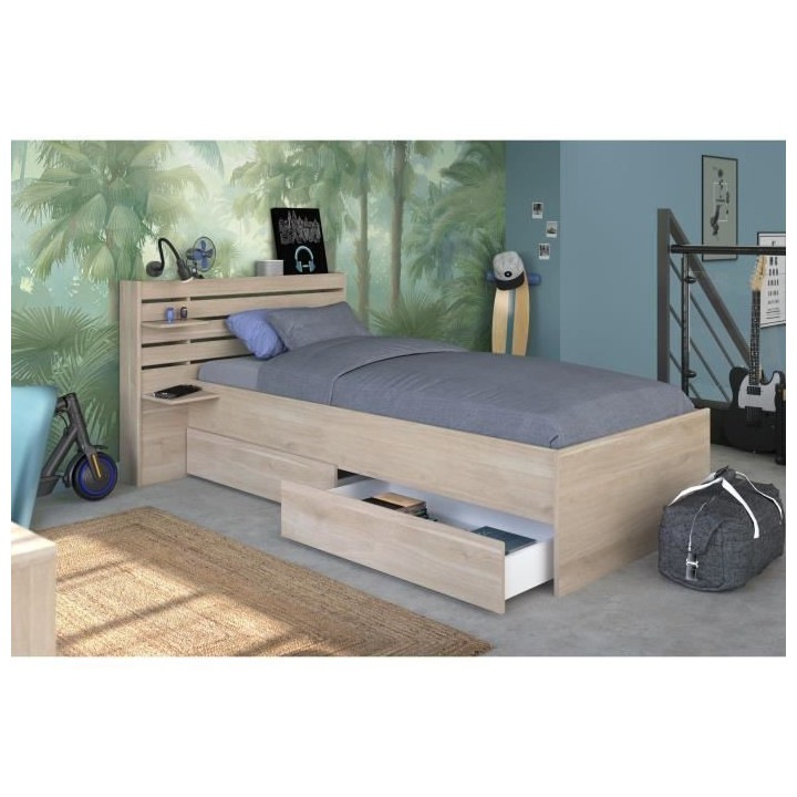 Lit enfant ESCALE 90x190/200 cm - Décor chene - Tete de lit + 2 tiroi