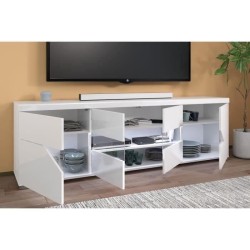 Meuble TV buffet - Blanc brillant et verre trempé - 200 x 62.3 x 39.8 cm - BE ALIVE