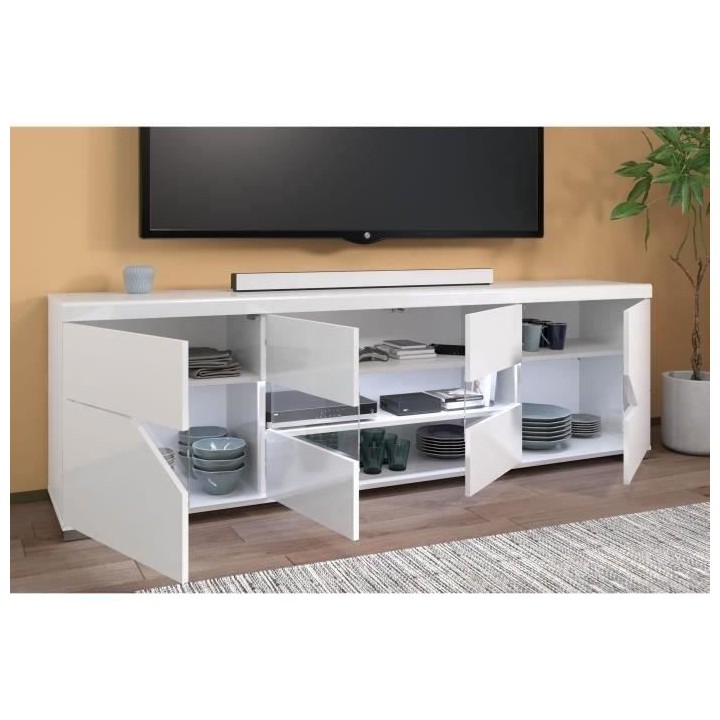 Meuble TV buffet - Blanc brillant et verre trempé - 200 x 62.3 x 39.8