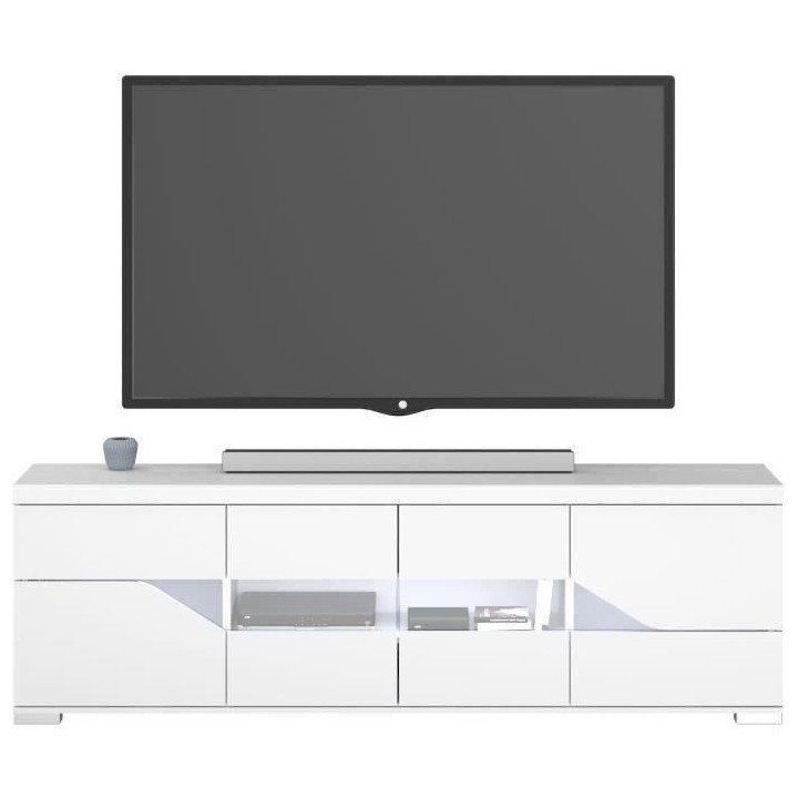 Meuble TV buffet - Blanc brillant et verre trempé - 200 x 62.3 x 39.8